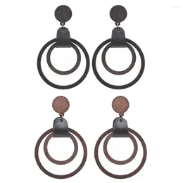 Dangle Earrings Style Leather Wrapped Double Wood Circle For Women Fashion Geometric Round Shape Jewellery Wholesale