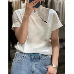 Women's Blouses Elegant And Intellectual Chinese Style Slanted Front Button Standing Collar Linen Cotton Knitted T-shirt Short Top