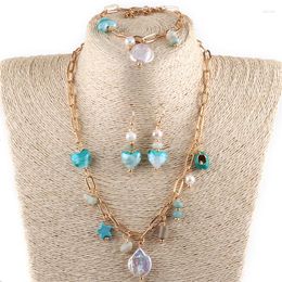 Necklace Earrings Set RH Fashion Bohemian Links Chain Glass Heart And Pearl Pendant Choker Bracelet Earring