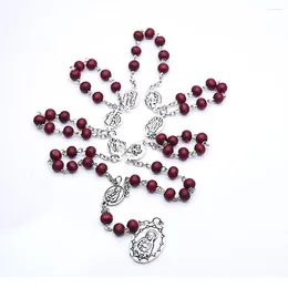 Pendant Necklaces Diyalo Wine Red Wooden Prayer Beads Chain Seven Sorrows Rosary Necklace Our Lady Medal Chaplet Baptism Jewelry Gifts