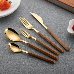 Dinnerware Sets Wooden Steel Wood Cutlery Knife Set Stainless 20pcs Gold Tableware Cubiertos Kitchen Flatware Imitation Spoon