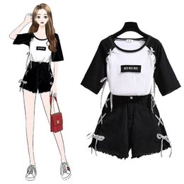 Clothing Sets Summer Set For Girls Black Cotton Short Sleeve TShirt Denim Shorts Children Teenagers Clothes Suit 13 14 15 16 17 Ye 230420