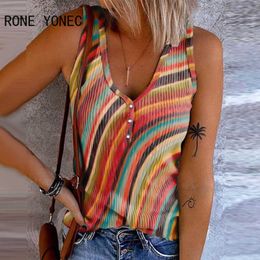 Women Chic Sexy Tank Colourful Button V Neck Sleeveless Summer Casual Camis Crop Tops P230421