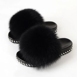 Slippers Fur Slides For Women Furry Slippers House Summer Fox Fur Sandals Ladies Luxury Fashion Female Home Shoes With Fur Arrival 231120