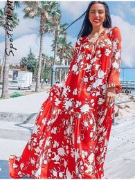 Women Sexy V neck Printed Maxi Dresses Fashion Long Sleeve High Waist Casual Big Hem Dress Elegant Summer Beach Party Robes