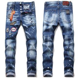 Men Jeans Men Pants Perforated White Paint Youth Slim Fit Pants Straight Sleeve Fashion Elastic Men Pants