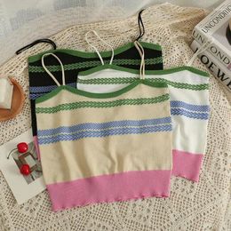 Women's Tanks HELIAR Women Patchwork Stripes Crop Tops Colorful Sweet Knitted Spaghetti Tank Cute Girl Streetwear Casual Camis
