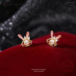 Stud Earrings 925 Sterling Silver Cute Pink Enamel Simple Small Sweet Crystal Animal Gold Ear Jewelry