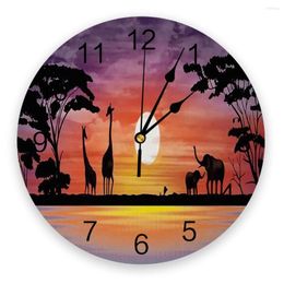 Wall Clocks Giraffe Elephant Grassland Sunset PVC Clock Living Room Decoration Modern Design Home Decore Digital