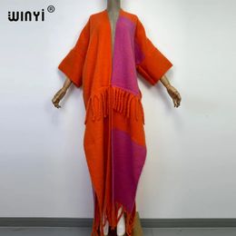Women's Wool Blends WINYI Africa Winter Women tassel Cardigan coat Loose Christmas dress robe longue Thick Warm free size orange printing Kaftan 231120