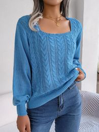 Women's Sweaters Sweater For Women Autumn And Winter Fashion Solid Colour Square Neck Twist Design Lantern Sleeve Pullover Casual Blouse