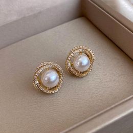 Stud Earrings 2023 Spiral Floral Pearl Zircon Gold Colour For Women Personality Fashion Simple Retro Wedding Jewellery