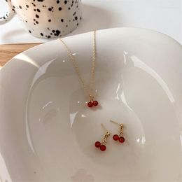 Necklace Earrings Set Cherry Jewellery Temperament Red Fruit Female Fashion Sense Summer Light Luxury Woman Girl Gifts