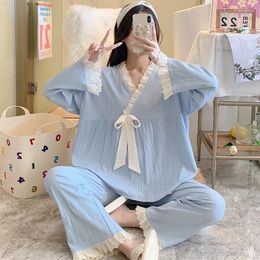 Women's Sleepwear Fdfklak Spring Autumn Pyjamas Cotton V Neck Long-Sleeved Pant Suit Sweet Ladies Kimono Home Clothes Big Bow