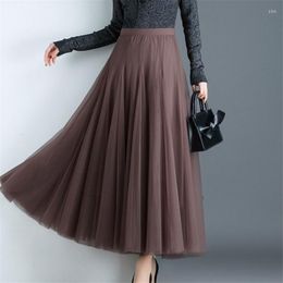 Skirts Womens Black Gray White Adult Tulle Skirt Female Elastic High Waist Long Pleated Elegant Ladies Summer Clothes Tutu