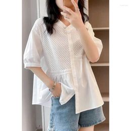 Women's Blouses Cotton Shirt For Women Solid Half Sleeve Shirts Casual Korean Fashion Vintage Loose Single Breasted One-piece Blouse Tops