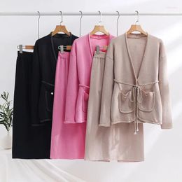 Women's Two Piece Pants 2023 Fashion Casual Woven Belt H-shaped Solid Colour Small Fragrance Jacket Wool Knit Shirt Wide Leg Two-piece Set