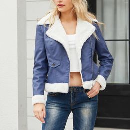 Women's Leather Women Warm Jacket Fashion Plush Cropped Coat With Pockets Zip Up Lapel Fall Winter Outwear