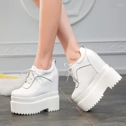 Dress Shoes Casual White Black Pumps Ladies Small Size Spring Women Platform Height Increasing Wedges High Heels Lace Up E0006