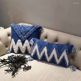 Pillow Blue Tufted Cotton Cover 30x50/45x45cm Morocco Style Hand Made Case For Sofa Living Room Home Decorative