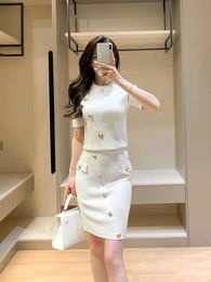 Two Piece Dress Summer Gold Button Sexy Fashion Runway Knitted 2 Piece Set Women Short Sleeve Blouses TopsMini Pencil Skirt Suits 230421