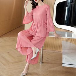 Women's Two Piece Pants Miyake Pleated Long Sleeve T-shirt Wide Leg Set 2023 O-Neck Loose Large Beaded Slim Elastic