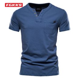 Mens TShirts FGKKS Summer Men Cotton T Shirt Solid Color Pocket Design VNeck Button Tops Man Casual Classic Brand Short Sleeve TShirt Male 230420