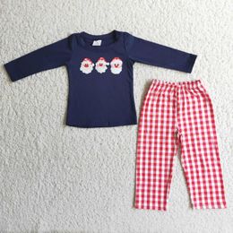 Clothing Sets 3 Cute Santa Claus Embroidered Christmas Baby Boy Fall Outfit Navy Tshirt Red Plaid Pants 2pc Outfits