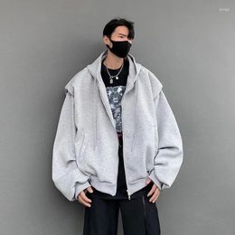 Men's Hoodies 2023 Autumn Winter Korean Edition Large Silhouette Double Layer Composite Shoulder Pad Sweater Coat Hooded Cardigan Black