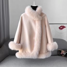 Women's Wool Blends 2023 Soft Faux Fur Cloak Coat Loose Batwing Cape Turn Down Collar Dress Smock Winter Women Knit Mantle Fashion Young 231120