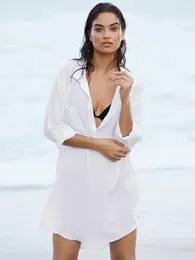 Casual Dresses 2024 Sexy V Neck Beach Cover Up Chiffon White Ladies Shirt Dress Blouse Women Clothing Beachwear Long Sleeve Mini Q46