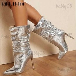 Boots Fashion Silver Metallic Platform High Heels Boots Women Glitter Stiletto Pointed Brand Luxury Designer Sexy Shoes Big Size 45 T231121