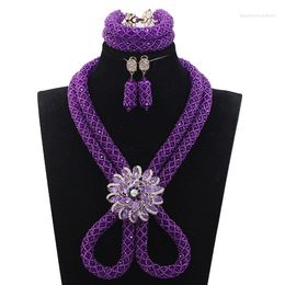 Necklace Earrings Set Luxury Purple Blue Nigerian African Wedding Crystal Bead Jewellery Dubai Bride QW938