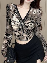 Women's Hoodies Korejepo American Vintage Flocking Top Printed Twisted Long Sleeved T Shirt Short Exposed Navel Slim Autumn Versatile Tops