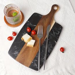 1pc Cutting Board, Wood And Marble Cutting Board, Kitchen Chopping Boards, Charcuterie Boards, Kitchen Chopping Board With Handle, Bread Serving Board