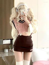 Work Dresses 2023 Autumn Casual Knitted Sweater Suits Women Kawaii Clothing Y2k Crop Tops Mini Skrits Korean 3 Piece Dress Set Outwear Chic