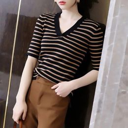 Women's Blouses 2023 Spring/Summer French Slim Fit V-neck Contrast Half Sleeve Knitted Stripe T-shirt For Women