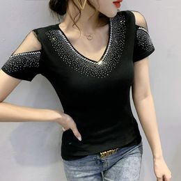 Women's T Shirts #7133 Black Ref Off Shoulder Shirt Women V-Neck Diamonds Sexy Basic Female Cotton Korean Fashion Casual Summer