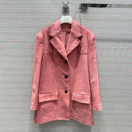 Women's Leather Quality Suede Sheepskin Pink Coat Women Notched Long Sleeve Pockets Single Breasted Loose Real Jacket