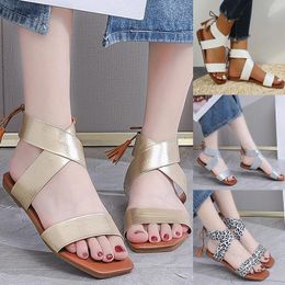 Sandals Fashion Women Solid Color Beach Strap Casual Open Toe Tassels Flat Shoes Wedge Bare For Tan