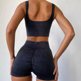 Active Sets Ribbed Washed Seamless Sport Set Women Two Piece 2PCS Crop Long Shirt Shorts Workout Outfit Fitness Wear Gym Yoga Clothing