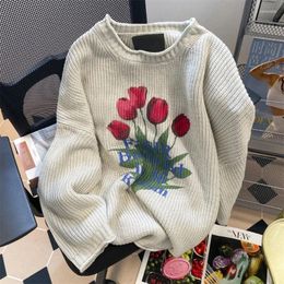 Women's Sweaters Hikigawa Autumn Winter Style Vintage Tulips Printed Sweater Women Elegant Temperament Loose O Neck Knitted Pullover