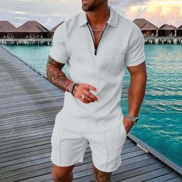 Men's Tracksuits Summer Casual Suit Outdoor Beach Classic Small Plaid Zipper V-neck Top Breathable Striped POLO Shirt - Plus Siz