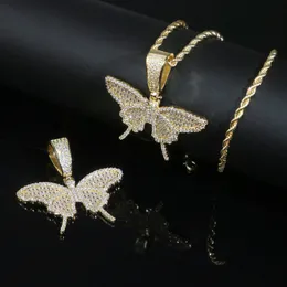 Drop Ship Bling Cz Paved Butterfly Pendant Necklace with Rope Chain High Quality Hip Hop Punk Jewelry for Women Men Gift