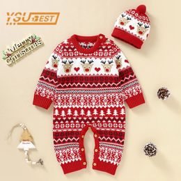 Rompers Christmas Elk Autumn Winter Kids Baby Boys Girls Rompers Clothes Hat Infant Baby Boy Girl Long Sleeve Knitting Rompers Clothes 231120