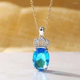 Choker Chokers Luxury Aqua Blue Cubic Zirconia Stone Crown Pendant Necklace For Women Elegant Rose Gold Colour Chain Female Banquet Jewellery