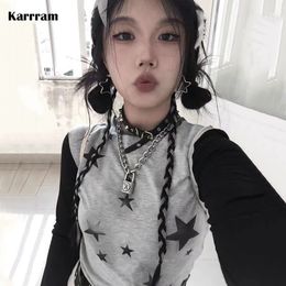 Women's T-Shirt Karrram Y2k Aesthetics Crop Tops Gothic Patchwork T-shirt Grunge Star Print Tshirt Japanese Harajuku E-girl 2000s Clothes 230421