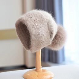Stingy Brim Hats In Hat Real Fur Pom Poms Women Outdoor Warm Skullies Beanie Winter for Rabbit Knitted Thick Cap Christmas 231121