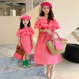 Family Matching Outfits Menoea Mothers and Childs Dress Korean Version Girls Double Layer Ruffle Edge One Line Neck Dress Summer Clothes 230421