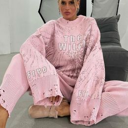 Women's Two Piece Pants Loose Ripped Sweater Letter Winter Outfit For Women Pink Long Sleeve Top Streetwear Cut Out Pieces Set Vintage Y2K